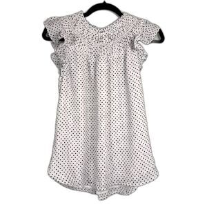 LOFT Polka Dot Blouse Womens XS White Black Flutter Sleeve Smocked Top